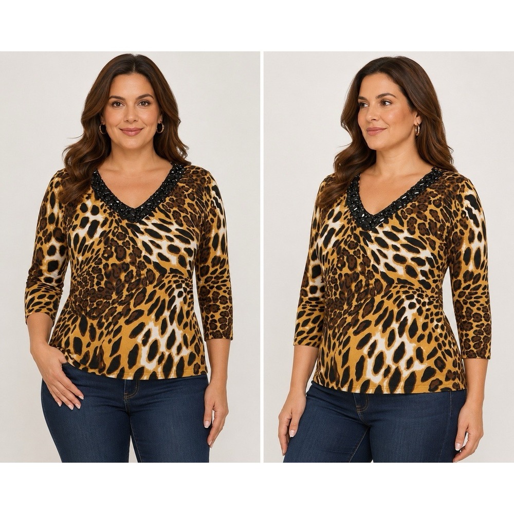 Belldini‎ Womens XL Leopard Print Top Beaded V Neck 3/4 Sleeve Stretch Knit